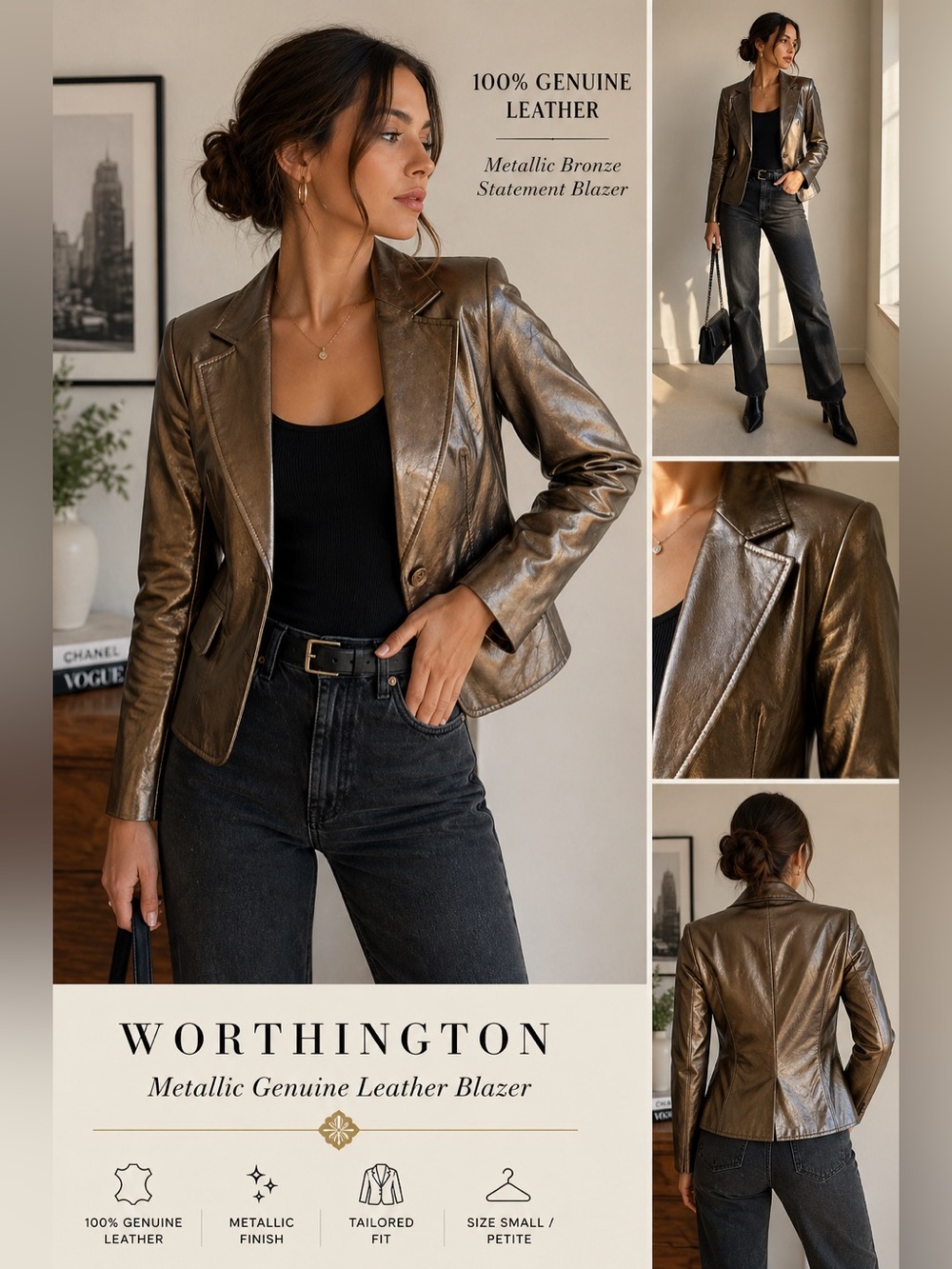 Worthington Metallic Gold Leather Blazer